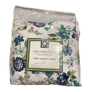 Living Quarters Twin Sheet Set Heavy Weight Flannel White Blue Green Floral
